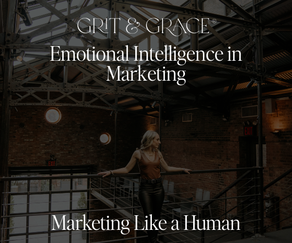 Grit & Grace Design Studio promotional image featuring Melissa standing confidently in an industrial loft space, highlighting emotional intelligence in marketing and human-centered brand strategy.